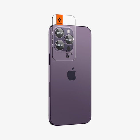 AGL05205 - iPhone 14 Pro / 14 Pro Max Optik Pro Lens Protector in black showing the device